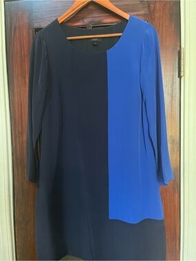 J Crew 100% silk long sleeve black/blue block dress